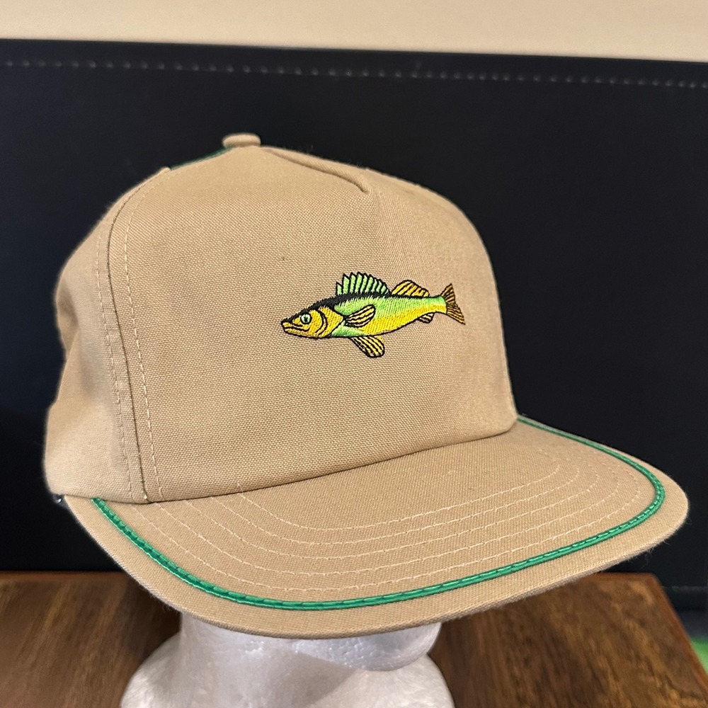 Vintage K-Products Fish Embroidered Trucker Hat Tan Green Snapback Perch Cap